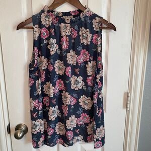 LOFT Outlet Womens Blouse Medium Navy Pink Floral Ruffle Neck Sleeveless Career